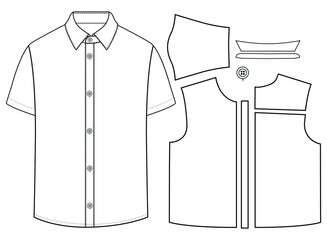 Short sleeved men sleeves formal resort shirt flat technical drawing vector illustration mockup template design	