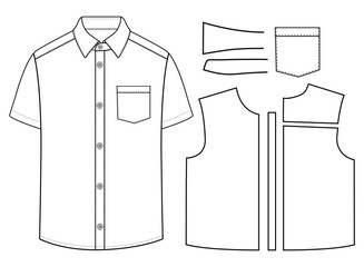 Short sleeved men sleeves formal resort shirt flat technical drawing vector illustration mockup template design	