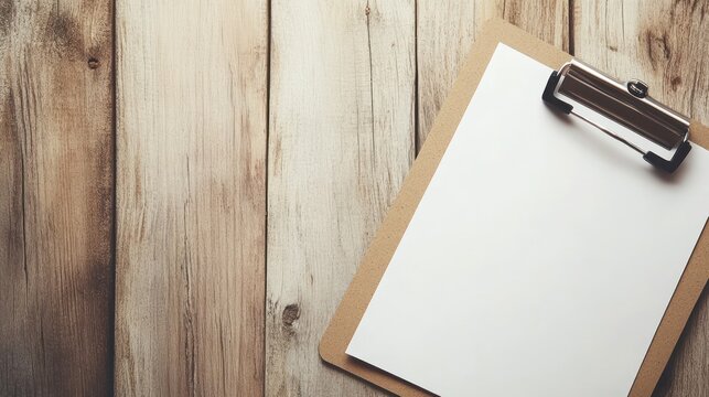 Blank clipboard on wooden table
