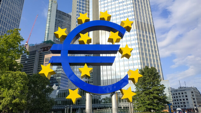 August, 2019, Euro sign at European Central Bank headquarters in the evening, business district in Frankfurt am Main, Germany