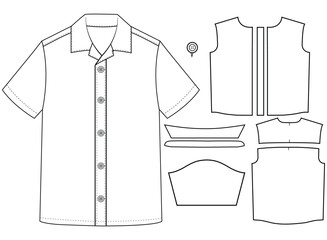 Short sleeved men sleeves formal resort shirt flat technical drawing vector illustration mockup template design	