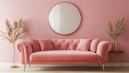 Pink living room with plush sofa and round mirror