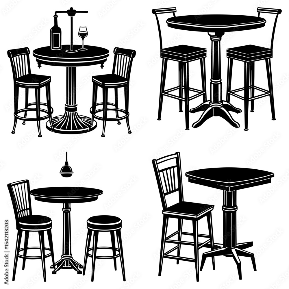 Poster illustration of bar tables and stools with different designs in a monochrome black and white color s