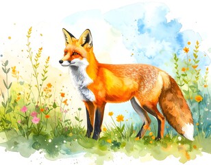 Fototapeta premium Playful fox in a vibrant field of flowers captured in whimsical watercolor art style