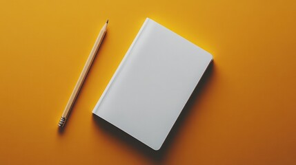 Blank notebook and pencil on orange background