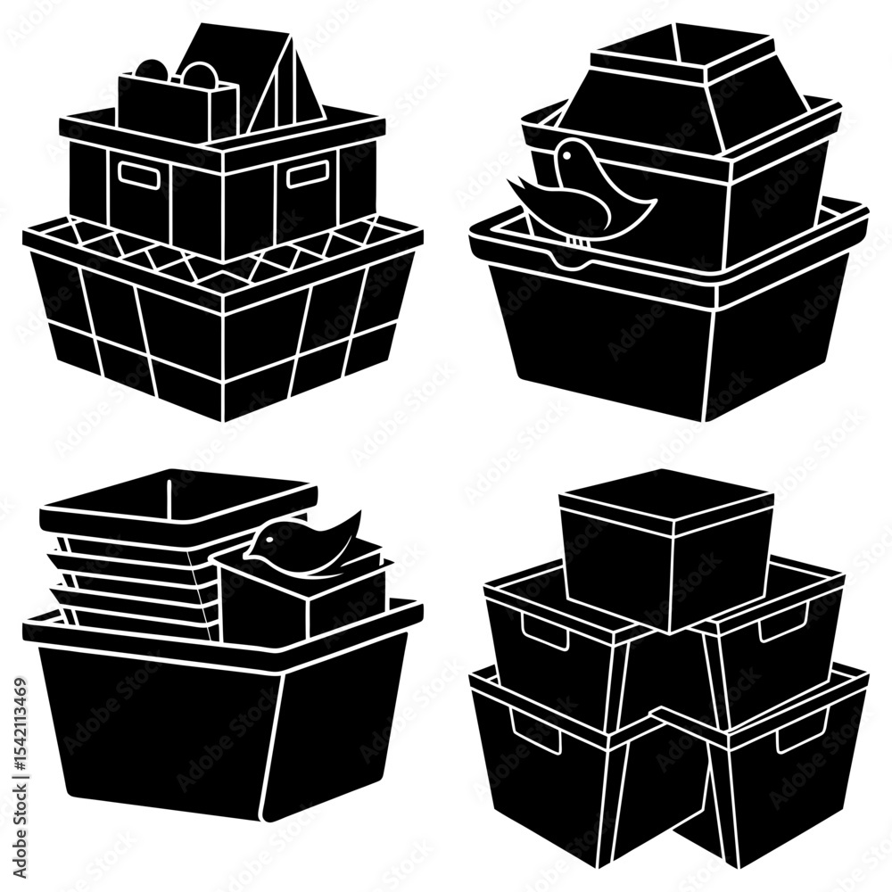 Poster four groupings of stacked boxes and containers in black silhouette with varying contents inside them