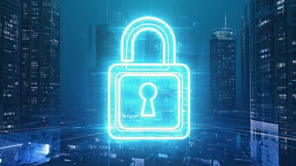 A glowing digital padlock over a cityscape symbolizes cybersecurity, data protection, privacy, and secure technology in a modern world. - Powered by Adobe