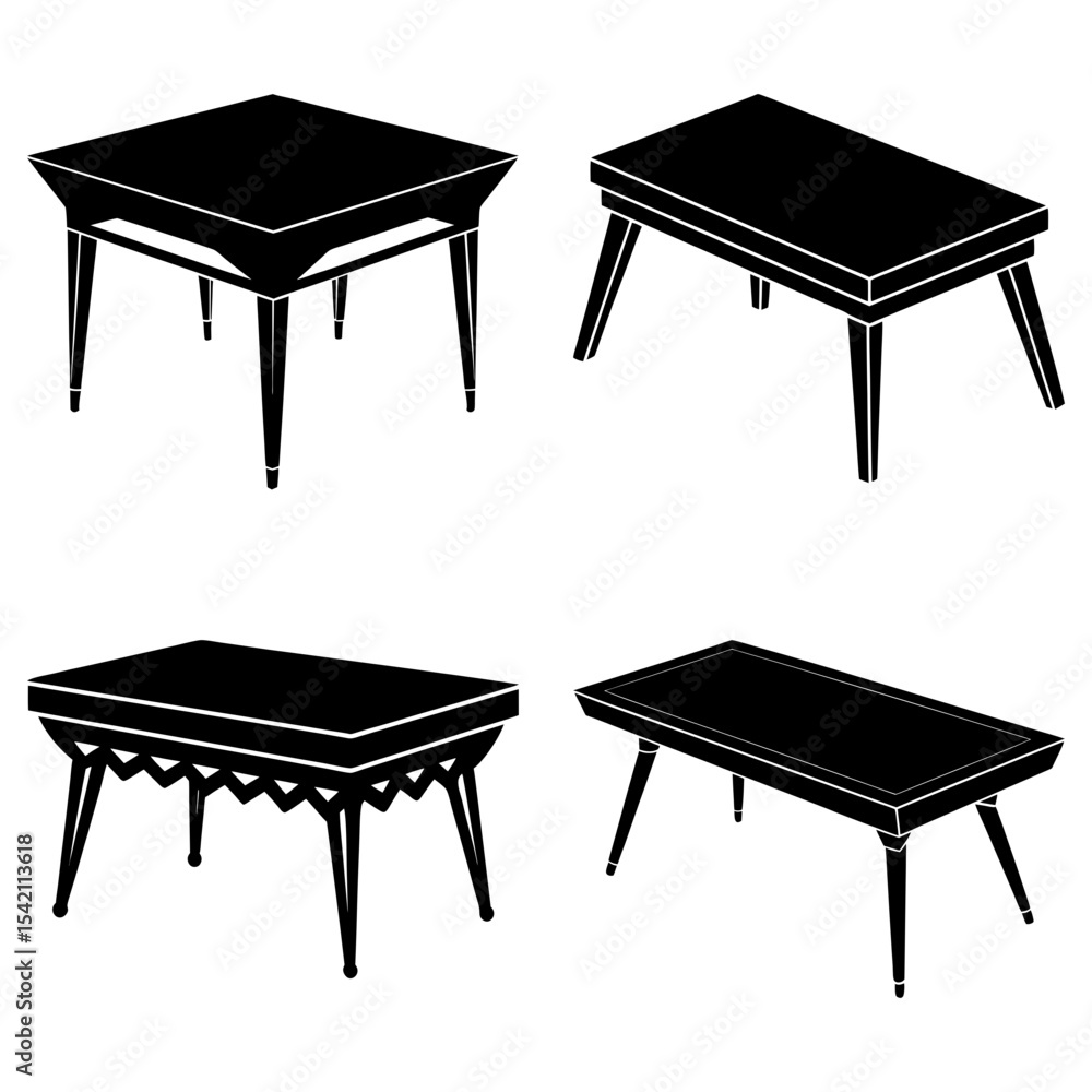 Aufkleber four different styles of black tables are shown on a white background in a simple graphic format