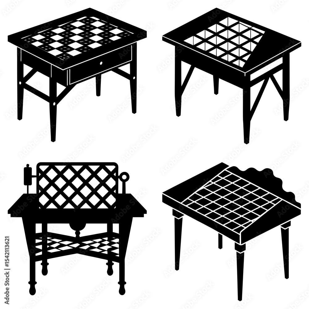 Poster four different styles of tables with checkered or lattice patterns in black and white illustration