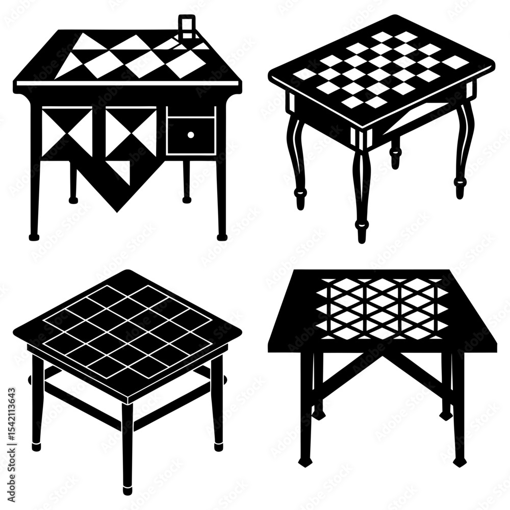 Poster illustration showing four different styles of tables with checkered or geometric patterns on their s