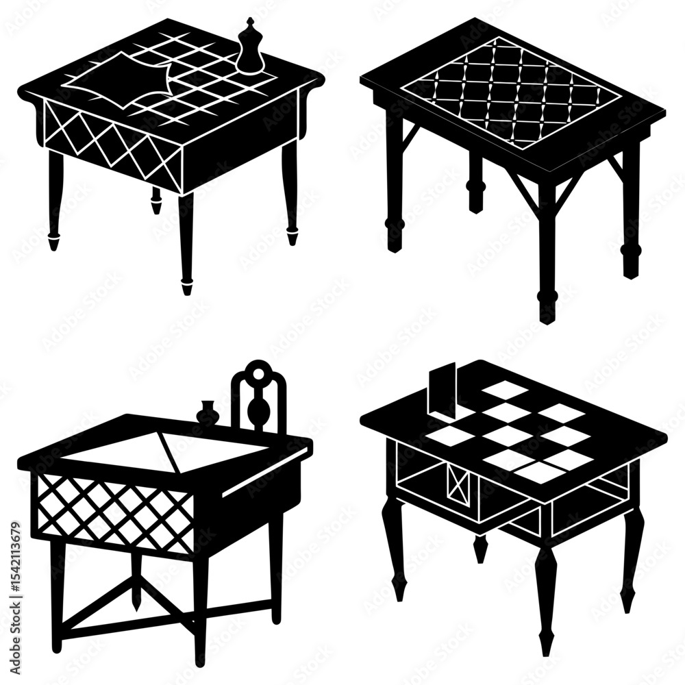 Poster an assortment of four tables with different designs and styles presented in black and white drawing 
