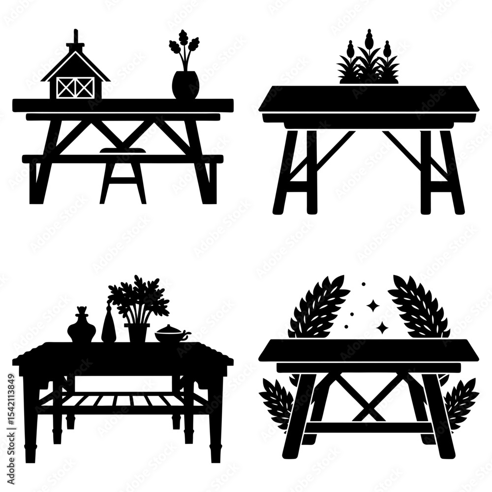 Aufkleber silhouette of four tables with different decorations on top in a square format arrangement