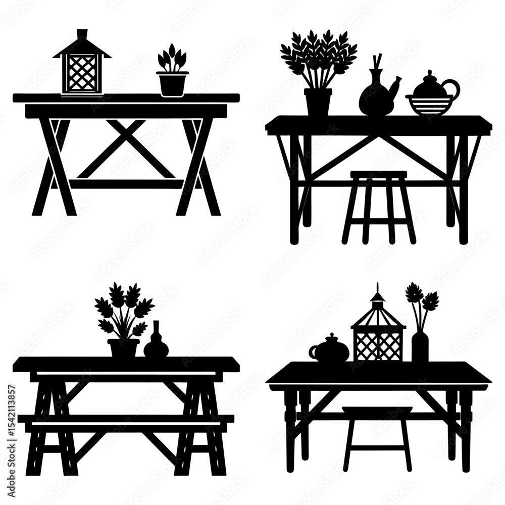 Poster silhouettes of tables with various objects including plants teapots and decorative lanterns displaye