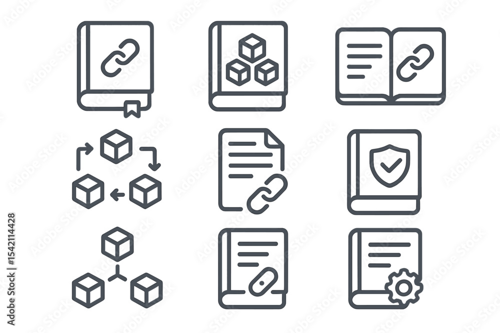 Poster various icons representing concepts of linking, documentation, and organization in digital design fo