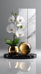 White orchid on a modern marble platform
