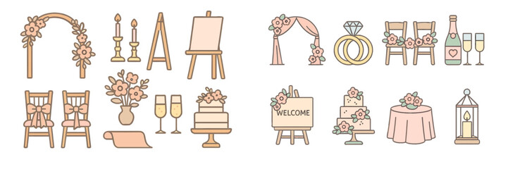 Decorative elements for a wedding celebration showcasing floral arrangements and elegant setups for various activities