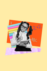 3d sketch poster trend collage image of minded geek schoolgirl hold notepad pencil think math...