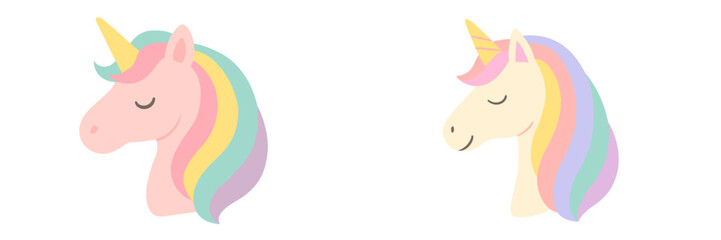 Colorful unicorn heads with playful expressions and vibrant manes showcased in a light background