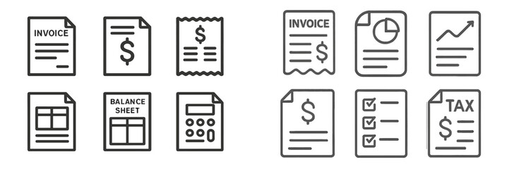 Document illustrations showcasing financial forms such as invoices, balance sheets, and tax papers in a clear layout