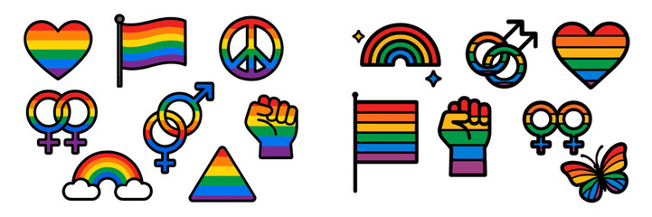 Colorful symbols representing LGBTQ+ pride and inclusivity in a vibrant design display