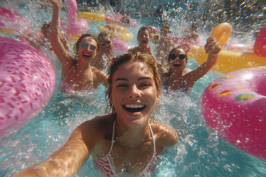 Summer pool party scene with colorful floaties and accessories