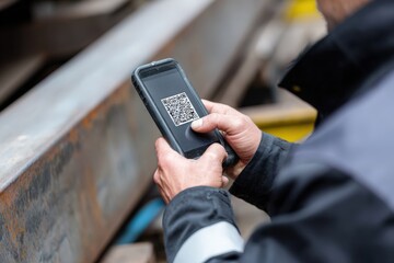 Hands scanning QR code on metal tag using a mobile device in a workshop environment