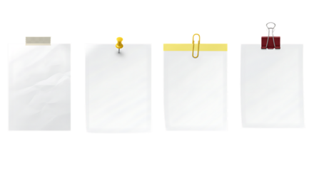 Four blank paper notes with different fasteners isolated on white background