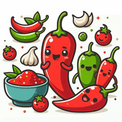 Cartoon illustration of peppers tomatoes garlic and salsa in a kawaii style