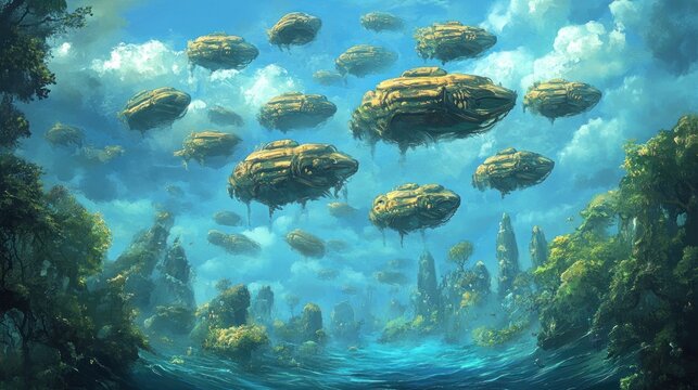 Floating Islands Amidst Lush Vegetation a Tranquil Fantasy Landscape