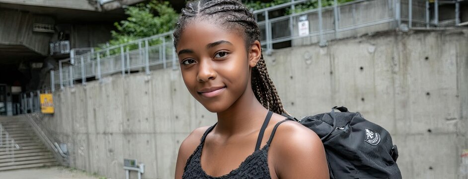 Smiling Black schoolgirl on school stairs wearing a colorful dress and backpack during a class break near the high school entrance