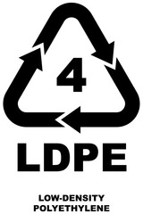 Plastic recycling code symbol for low-density polyethylene, black color bold triangle of arrows containing a number 4 with LDPE letters below with isolated background.