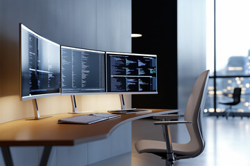 Modern office workspace featuring three large monitors displaying code, with a sleek desk and ergonomic chair