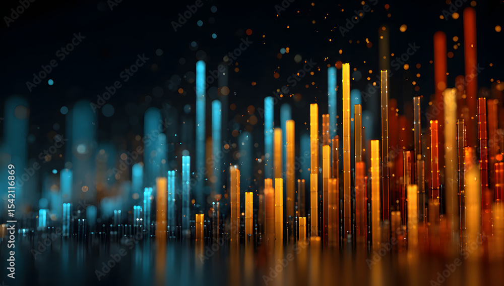 Poster vibrant digital data visualization with glowing vertical bars in blue and orange colors against a da
