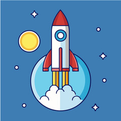 Cartoon Rocket Launching into Space with Planet and Stars Illustration