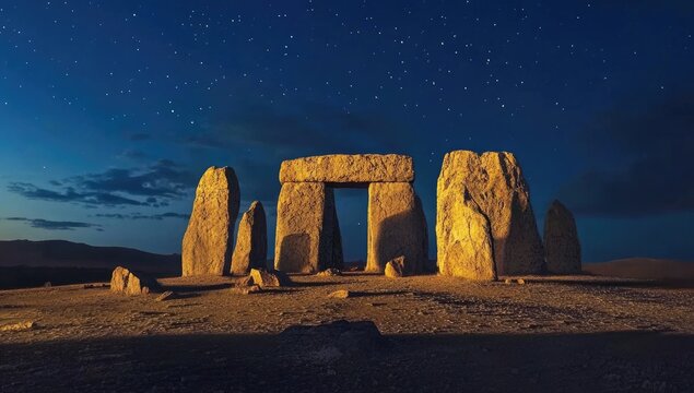 Ancient stone circle at twilight under a starry sky