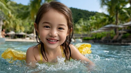 Bright summer day features a young girl splashing joyfully in the pool, wearing an inflatable ring, surrounded by clear blue sky and lush greenery.