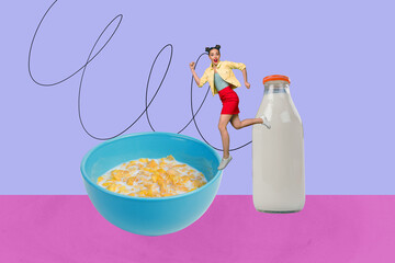 Full 3d zine pop trend collage of happy girl guy dance cereal bowl milt bottle granola breakfast nutrition healthy lifestyle