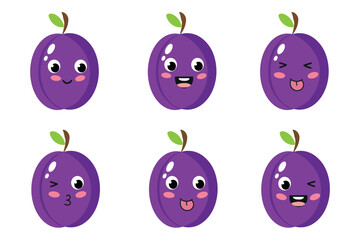 Set of playful cartoon plums with different funny emotions in bright colorful design. Funny smiley in flat style with kawaii eyes on white background.