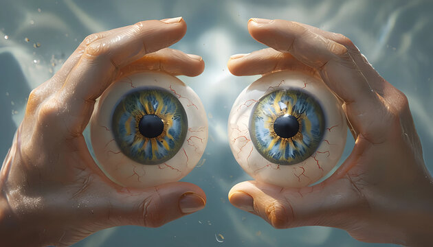 immagine surreale di un volto composto da due mani che tengono occhi in aria, surreal image of a face made up of two hands holding eyes in the air