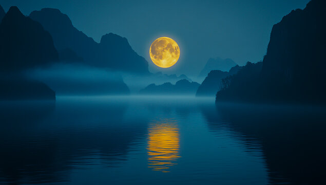 A bright full moon illuminates the misty mountains and calm sea under a dark blue night sky, casting bright yellow-orange reflections on the calm water.