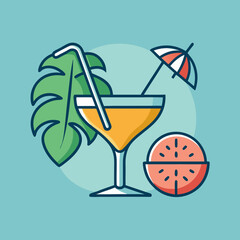 Tropical summer cocktail with a slice of watermelon and a monstera leaf