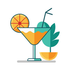 Retro summer cocktail with orange slice and tropical plant in a minimalist design