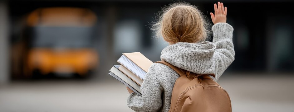 Excited girl waves farewell to her school bus driver on the first day of class, carrying her books and wearing a backpack, ready for a new school year. - Powered by Adobe