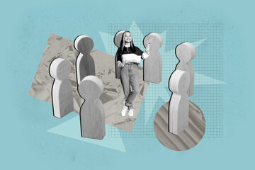 Full 3d art trend collage of serious business girl guy stand crowd wooden figurine gathering unity...