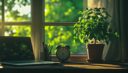 A bright image shows an alarm clock and a laptop placed on a wooden table, with warm sunlight streaming in through large windows,