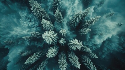 A green pine forest in the mountains during summer, with a view from above. Spring birch groves