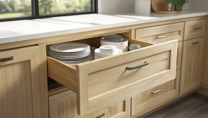 Kitchen drawer open, filled with dishes.  Light wood cabinets,  white countertop, and a window are visible.  Drawer is partially pulled out, showcasing interior organization