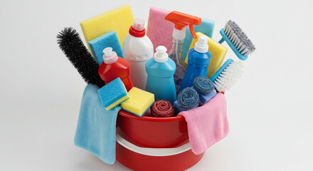 Essential Cleaning Supplies in a Bucket A Colorful Collection of Cleaning Products, Tools, and Materials for Effective House Cleaning