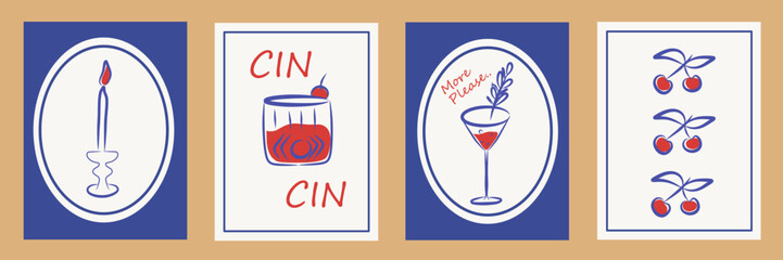 Elegant frame set vector minimal holiday invitation border, feminine doodle print with wine glass, cherry, candle, champagne drinks. Holiday poster design for wedding frame, wall art, branding, poster