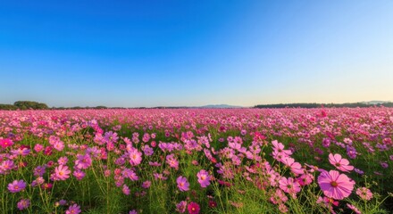A Field of Cosmos Flowers Under a Bright Blue Sky